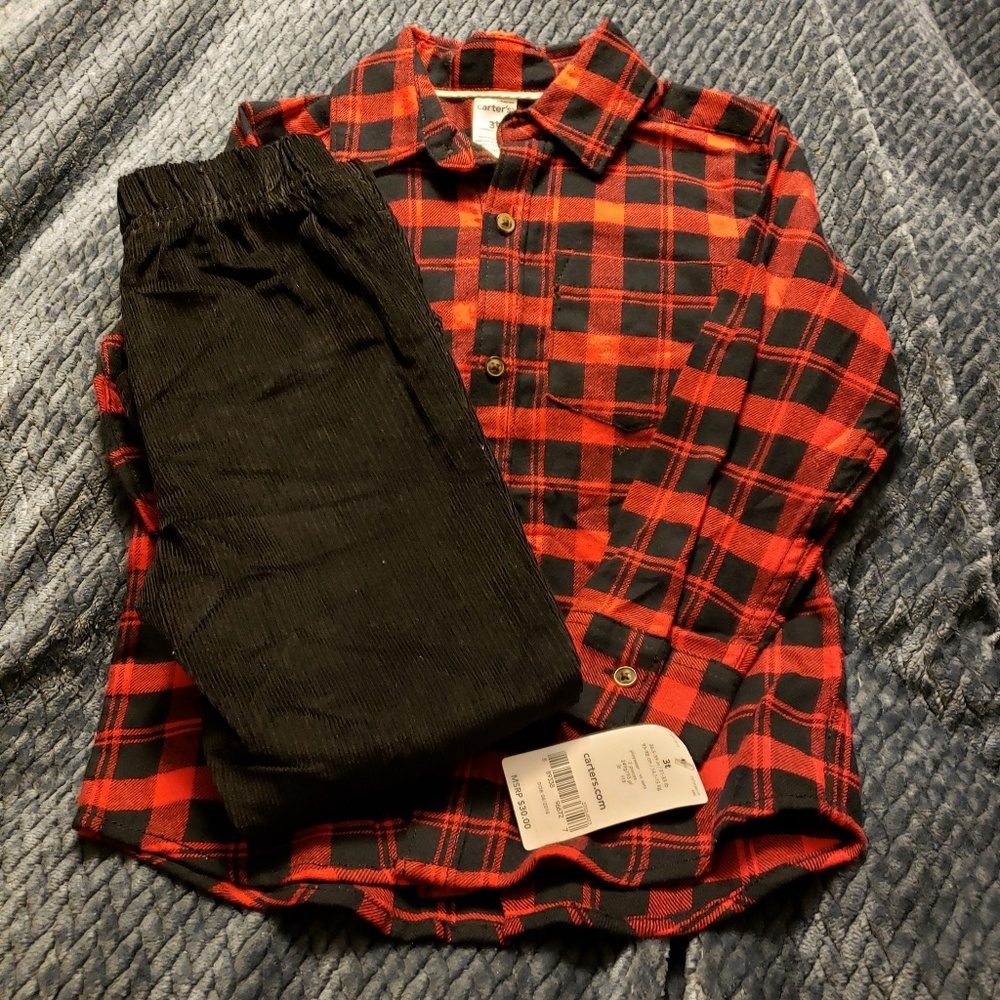 3T Boy Red checkered  & Black Pants Outfit